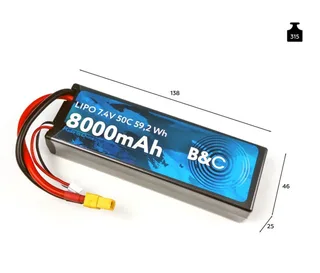 Аккумулятор Li-po B&C 8000 MAH 7.4v (2s), 50C, XT60, Hardcase B&C-8000-2S-50-H-XT60 — фото 2